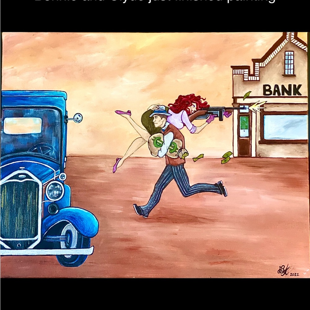 Dynamic Heist Scene Art Print with Blue and Brown Tones